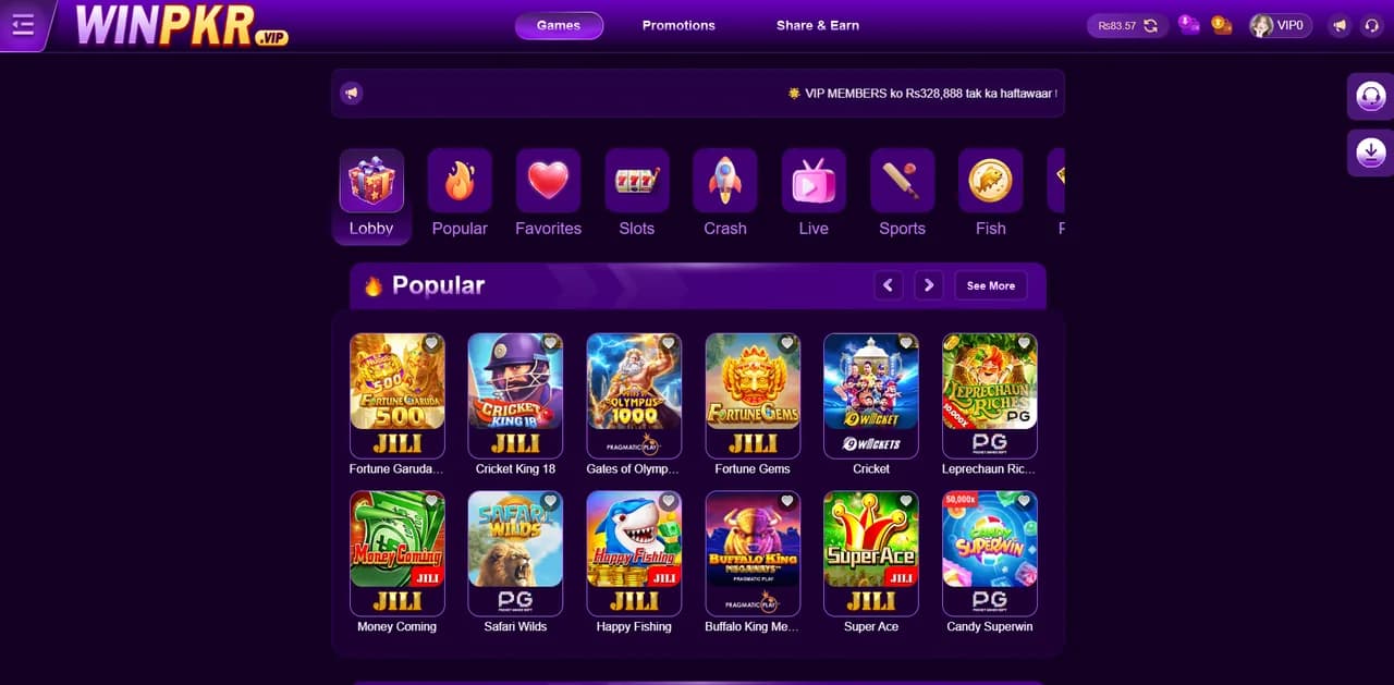 WINPKR game app screenshot showing the games lobby with Aviator, slots and live casino in Pakistan