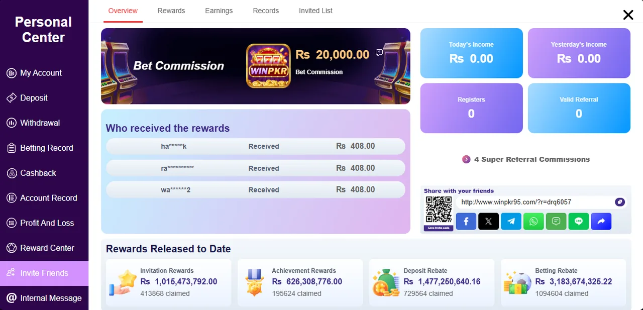 WINPKR share and earn screenshot showing bet commission earnings and referral dashboard in Pakistan