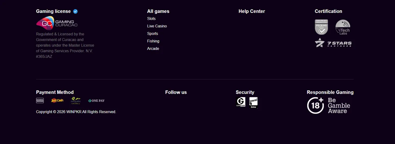 WINPKR license screenshot showing Gaming Curacao certification and secure JazzCash and Easypaisa payments