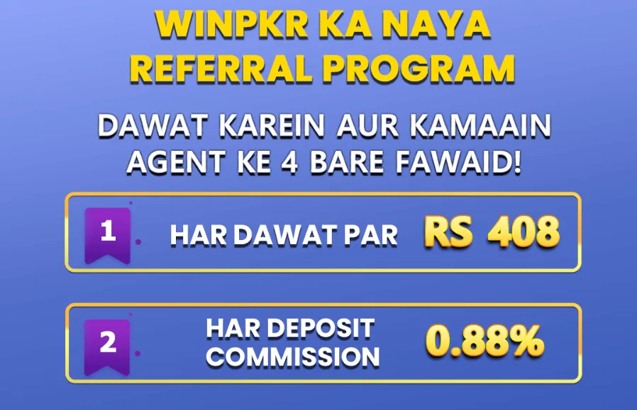 WINPKR referral program screenshot showing Rs 408 reward per invite in Pakistan
